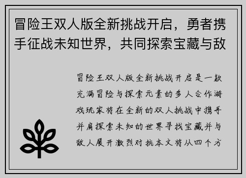 冒险王双人版全新挑战开启，勇者携手征战未知世界，共同探索宝藏与敌人